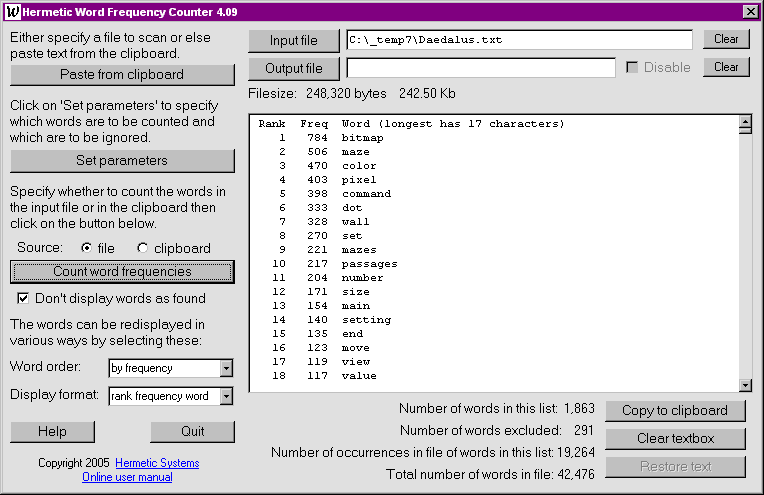 Hermetic Word Frequency Counter Screenshot